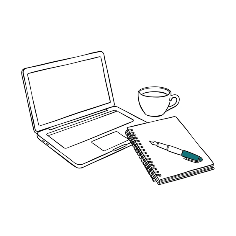 An ink drawing of an open laptop beside a notebook and a coffee cup; the fountain pen on the notebook has a teal cap.