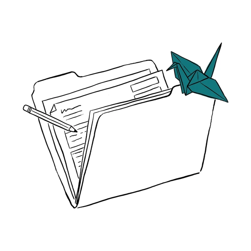 An ink drawing of an open folder of application pages with a pencil laid across it; a small teal origami crane is perched on one corner.
