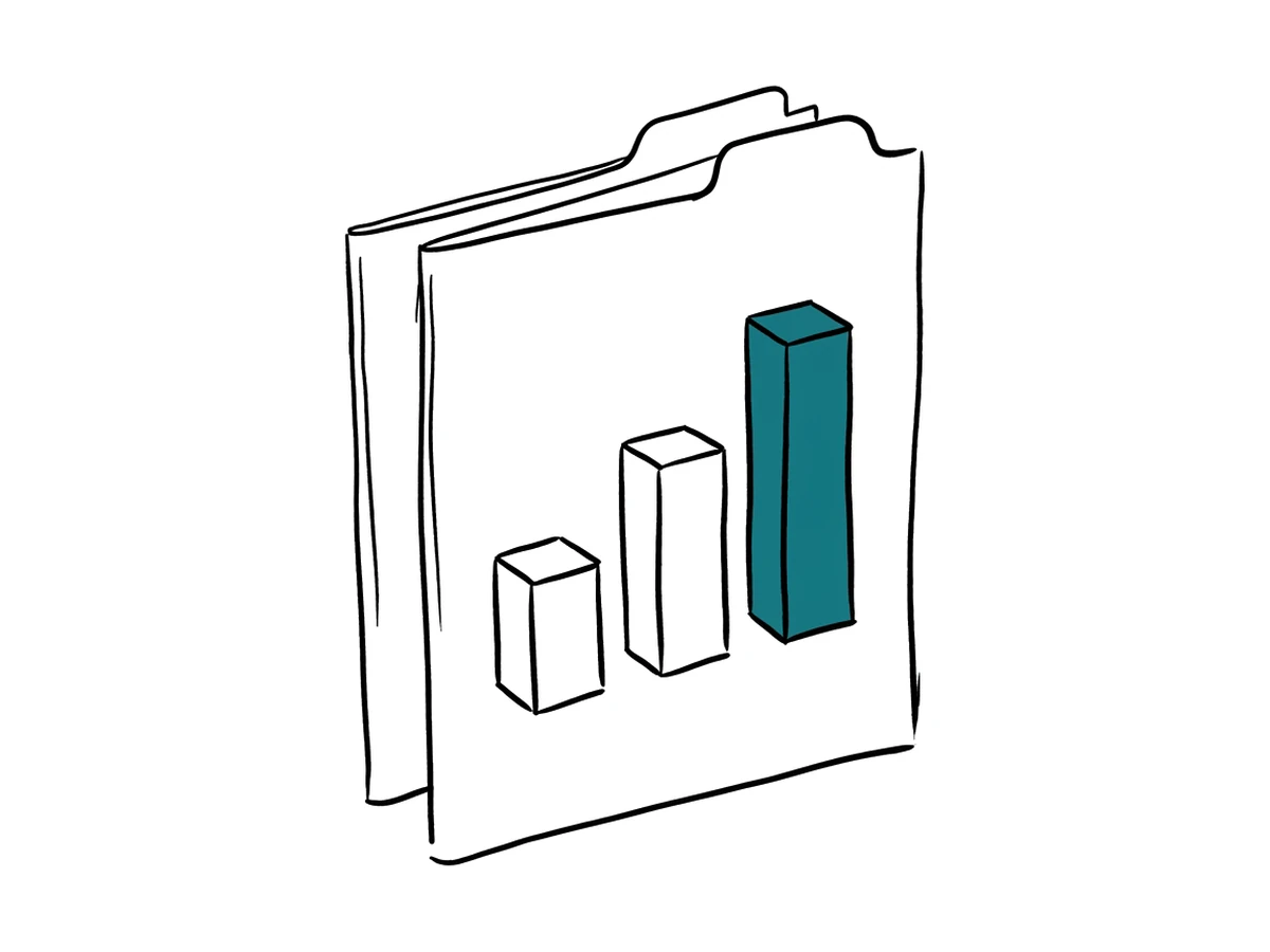 An ink drawing of a folded report booklet with three small bar-chart blocks rising from the page; the tallest bar is teal.